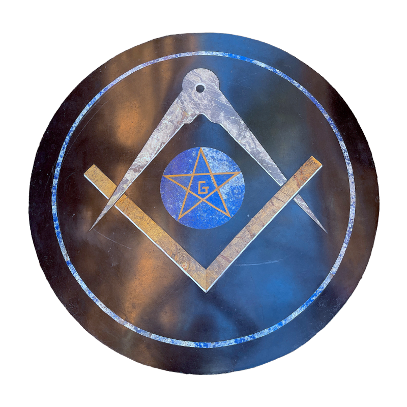 Groot tafelblad vrijmetselarij, lapis-lazuli marmer ingelegd, ca 1960