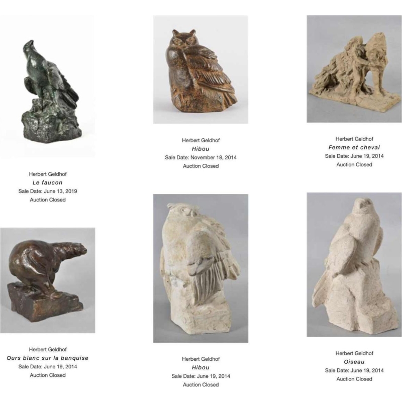 HERBERT GELDHOF "Uilen" dier sculptuur in "direct geslepen" steen, jaren 1960