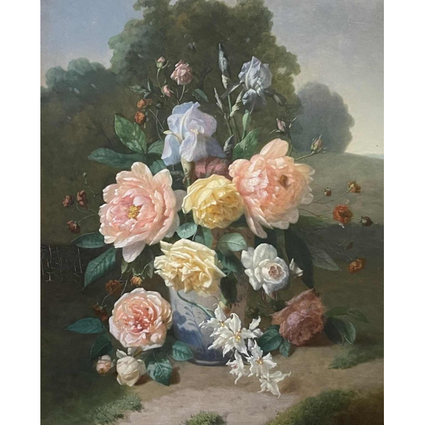 HENRI ROBBE Painting " Bunch of flowers " still life, oil on panel, ca 1840