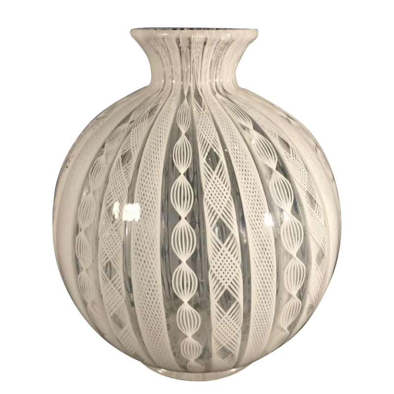 Fulvio Bianconi, Venini Murano, vase boule Zanfirico filigranÃ© blanc, 1950/60