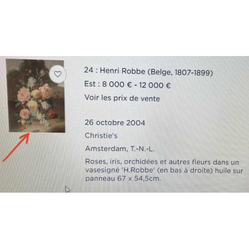 HENRI ROBBE Painting " Bunch of flowers " still life, oil on panel, ca 1840