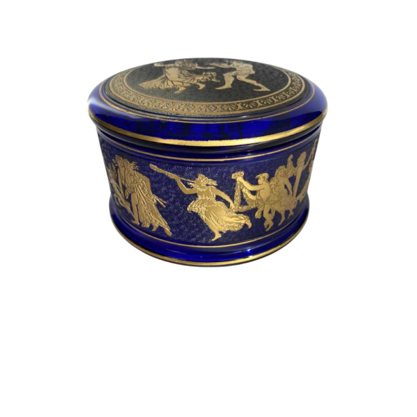 Léon Ledru - Val Saint Lambert 'Danse de Flore' bonbonnière, cristal bleu cobalt dégagé à l'acide rehaussé d'or, 1923 / 