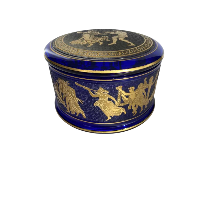 Léon Ledru - Val Saint Lambert 'Danse de Flore' candy box, acid-etched cobalt blue crystal enhanced with gold, 1923 / 1925