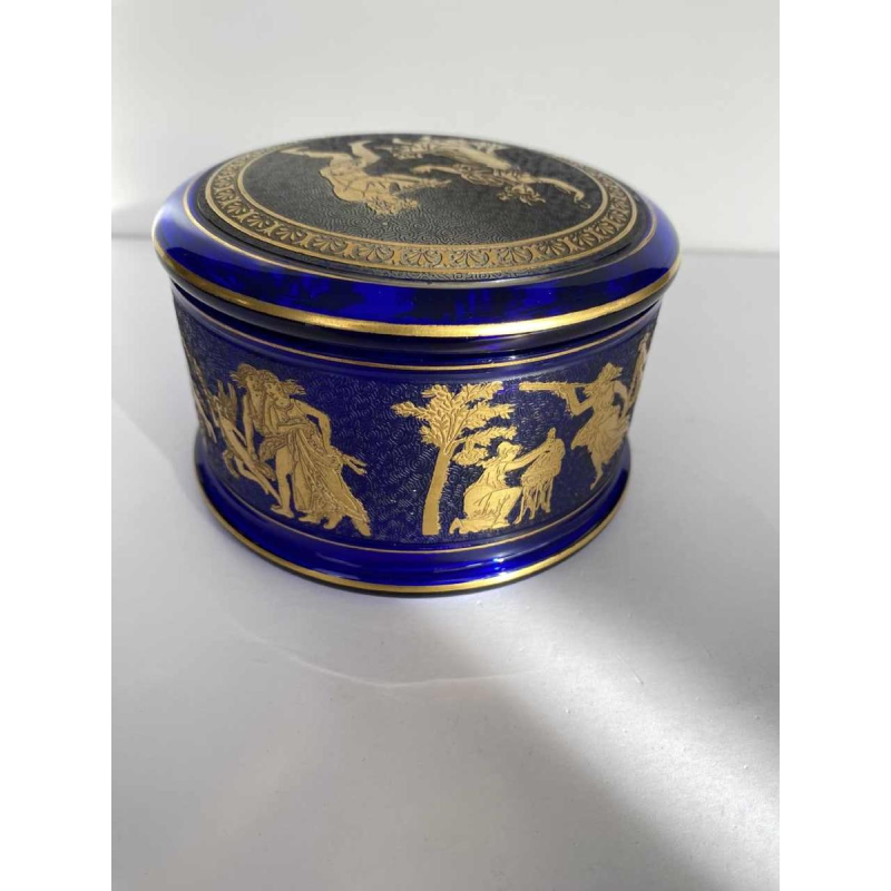 Léon Ledru - Val Saint Lambert 'Danse de Flore' bonbonnière, cristal bleu cobalt dégagé à l'acide rehaussé d'or, 1923 / 