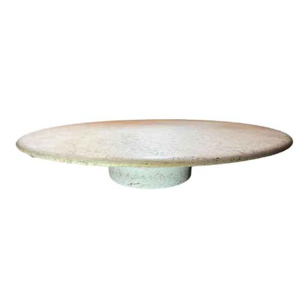 Angelo Mangiarotti pour Up&Up, table basse ronde en travertin, pied cylindrique central, 1970s