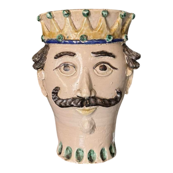 SALVATORE JUDICE Caltagirone Sicilia, sculpture ‘Head of a Moorish king’ 39cm ceramic anthropomorphic jardinière vase