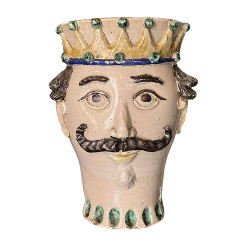 SALVATORE JUDICE Caltagirone Sicilia, ancienne sculpture "Te^te de roi Maure" 39cm vase jardinière anthropomorphe céramique