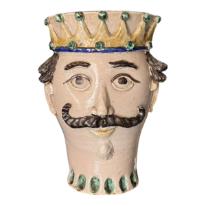 SALVATORE JUDICE Caltagirone Sicilia, sculpture ‘Head of a Moorish king’ 39cm ceramic anthropomorphic jardinière vase