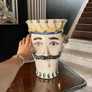 SALVATORE JUDICE Caltagirone Sicilia, ancienne sculpture "Te^te de roi Maure" 39cm vase jardinière anthropomorphe céramique