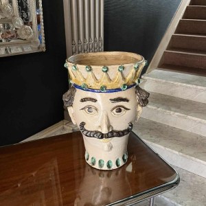 SALVATORE JUDICE Caltagirone Sicilia, ancienne sculpture "Te^te de roi Maure" 39cm vase jardinière anthropomorphe céramique