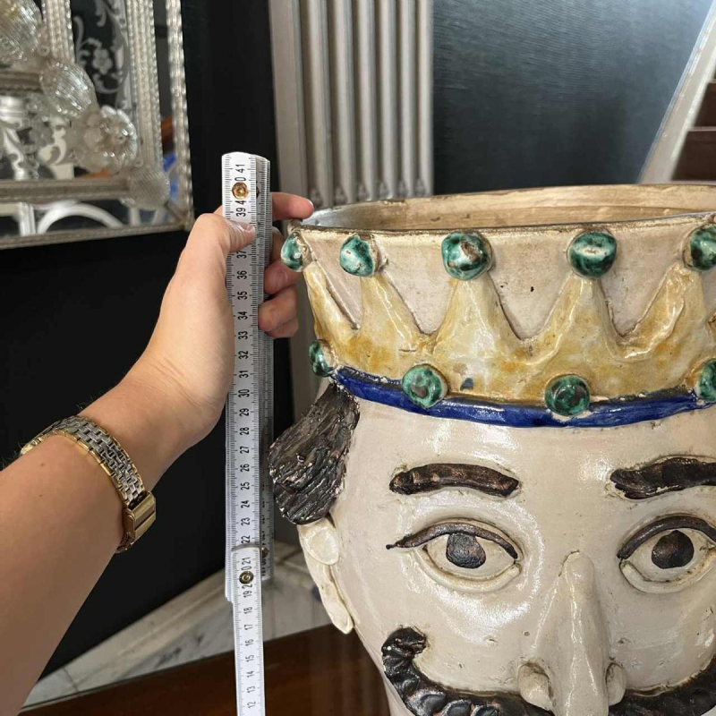 SALVATORE JUDICE Caltagirone Sicilia, sculpture ‘Head of a Moorish king’ 39cm ceramic anthropomorphic jardinière vase