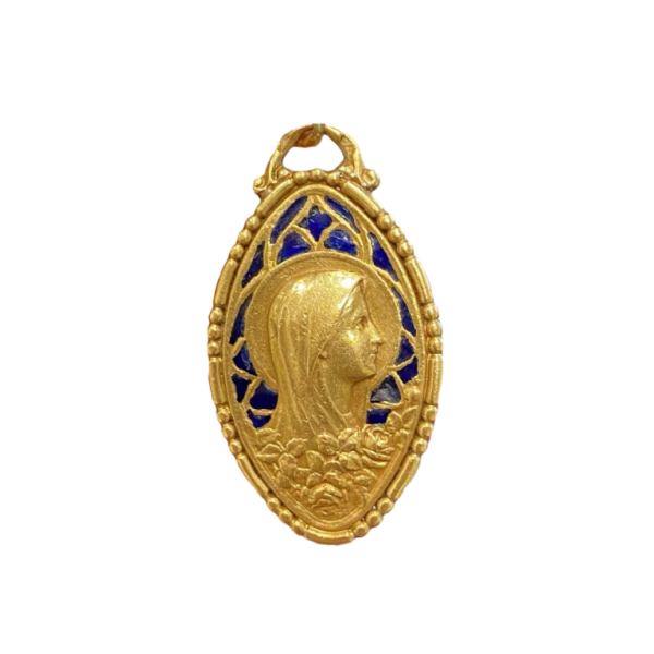 Medal of the Virgin Mary in gold and blue 'plique-à-jour' enamel, 20th c