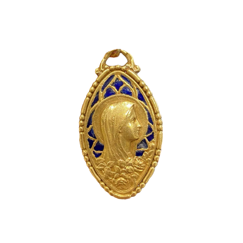 MÃ©daille de la Vierge en or & Ã©maux bleus 'plique-Ã -jour' XXe s