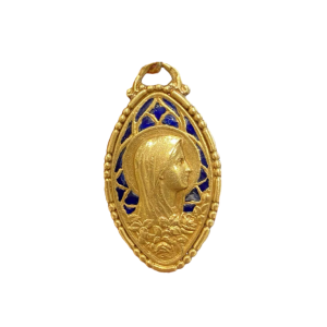 MÃ©daille de la Vierge en or & Ã©maux bleus 'plique-Ã -jour' XXe s