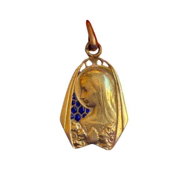 J. Holy, médaille de la Vierge en or & émaux bleus plique-à-jour, XXe s