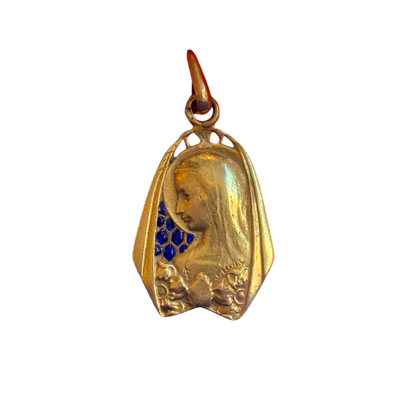 J. Holy, mÃ©daille de la Vierge en or & Ã©maux bleus plique-Ã -jour, XXe s