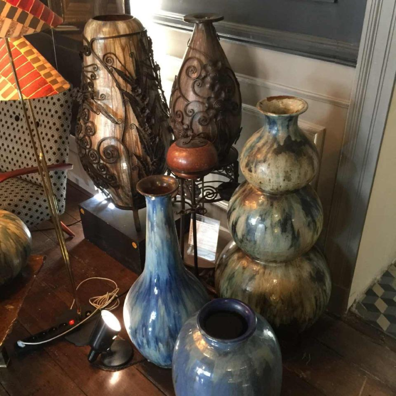 ROGER GUERIN, Monumentaal vaas, drie lobben 102 cm, UNIEK stuk, Art Deco Steengoed 1920