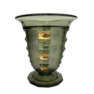 Luxval for Val-Saint-Lambert, Art Deco Picardie vase, green and gold moulded pressed glass, ca 1930