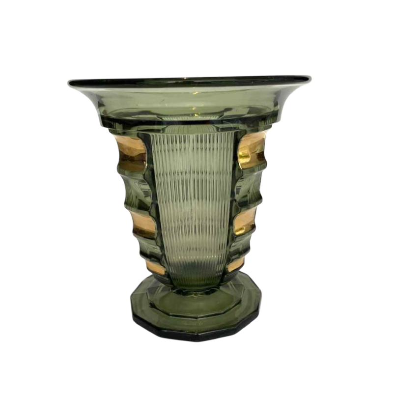 Luxval for Val-Saint-Lambert, Art Deco Picardie vase, green and gold moulded pressed glass, ca 1930