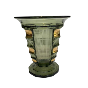 Luxval voor Val-Saint-Lambert, Art Deco 'Picardie' vaas, groen en goud gegoten persglas, ca 1930