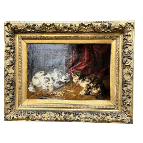 Alfred Arthur Brunel de NEUVILLE « 3 chatons et un oisillon » peinture huile sur toile