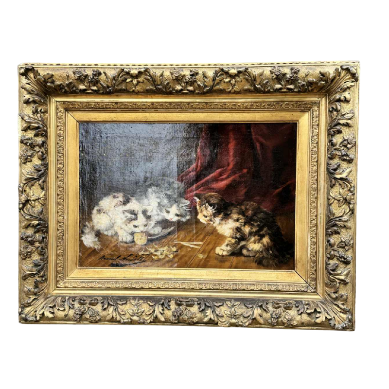 Alfred Arthur Brunel de NEUVILLE « 3 chatons et un oisillon » peinture huile sur toile