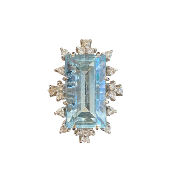 Bague cocktail or gris, aigue-marine taille Ã©meraude & diamants, ca 1970