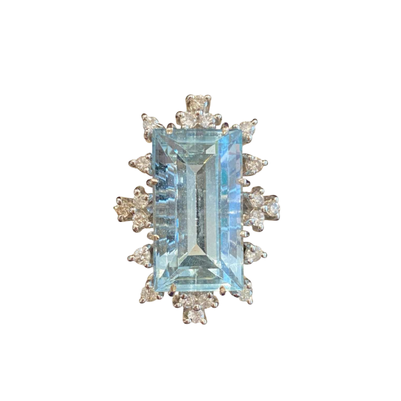 White gold cocktail ring, emerald-cut aquamarine & diamonds, ca 1970