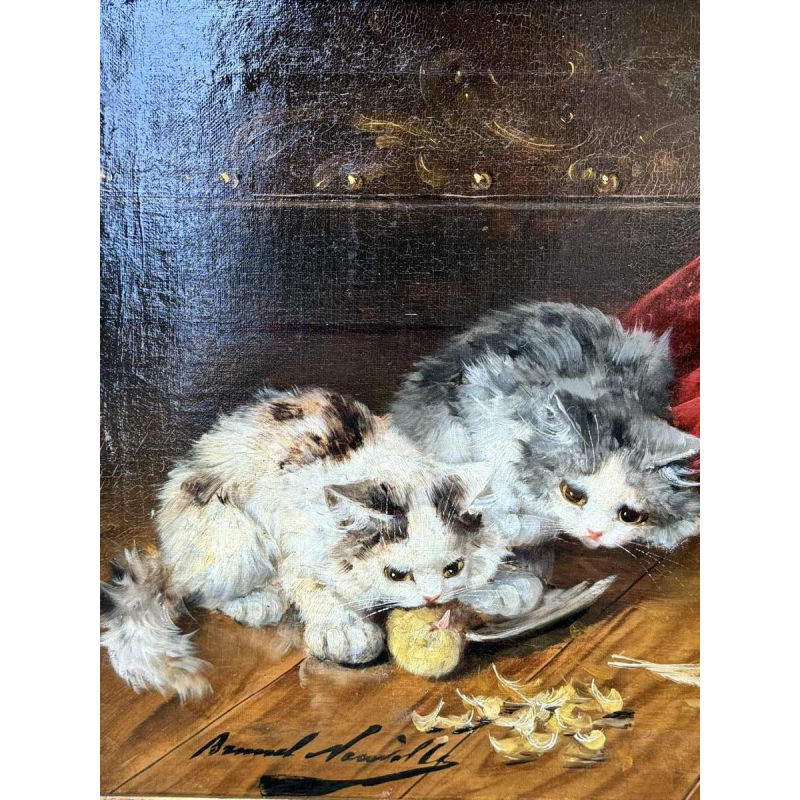 Alfred Arthur Brunel de NEUVILLE « 3 chatons et un oisillon » peinture huile sur toile