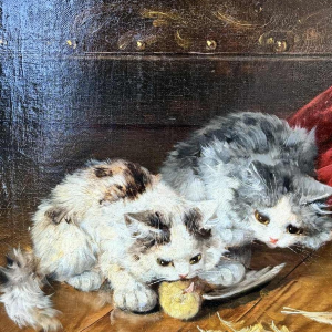 Alfred Arthur Brunel de NEUVILLE "3 kittens and a chick" painting oil on canvas