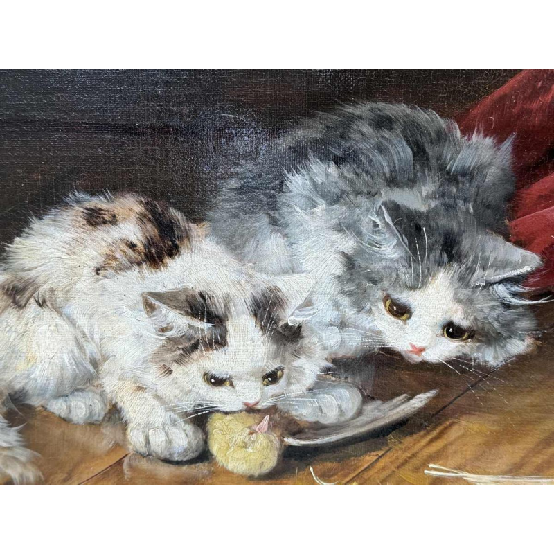 Alfred Arthur Brunel de NEUVILLE "3 kittens and a chick" painting oil on canvas