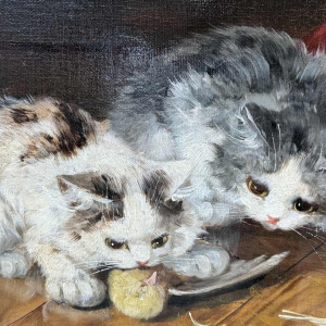 Alfred Arthur Brunel de NEUVILLE "3 kittens and a chick" painting oil on canvas