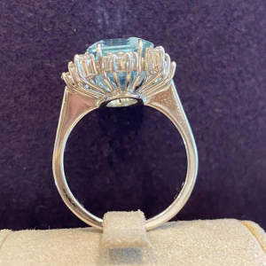White gold cocktail ring, emerald-cut aquamarine & diamonds, ca 1970