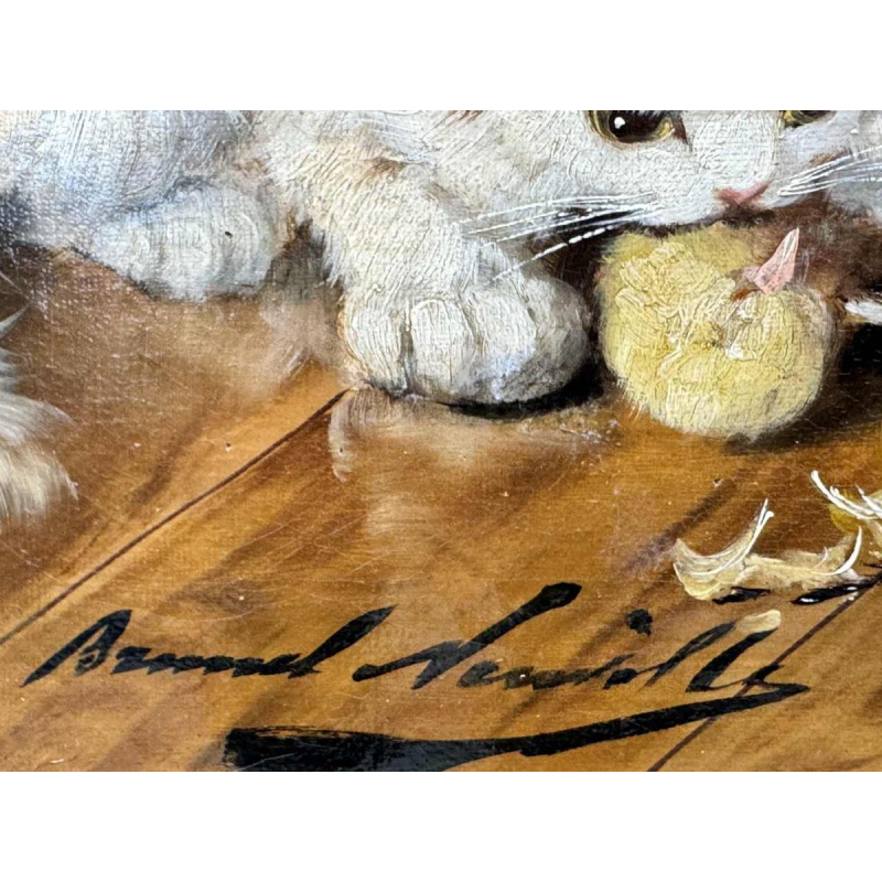 Alfred Arthur Brunel de NEUVILLE « 3 chatons et un oisillon » peinture huile sur toile