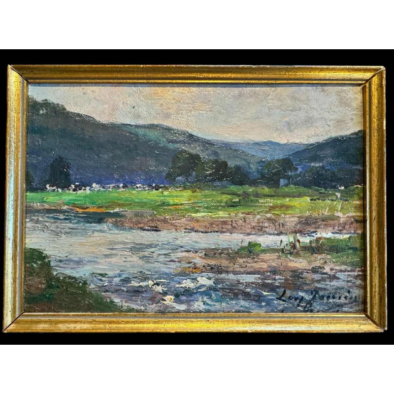 Léon JAMIN “De Ourthe van Esneux” schilderij olieverf op paneel