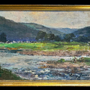 Léon JAMIN ‘The Ourthe at Esneux’ painting oil on panel