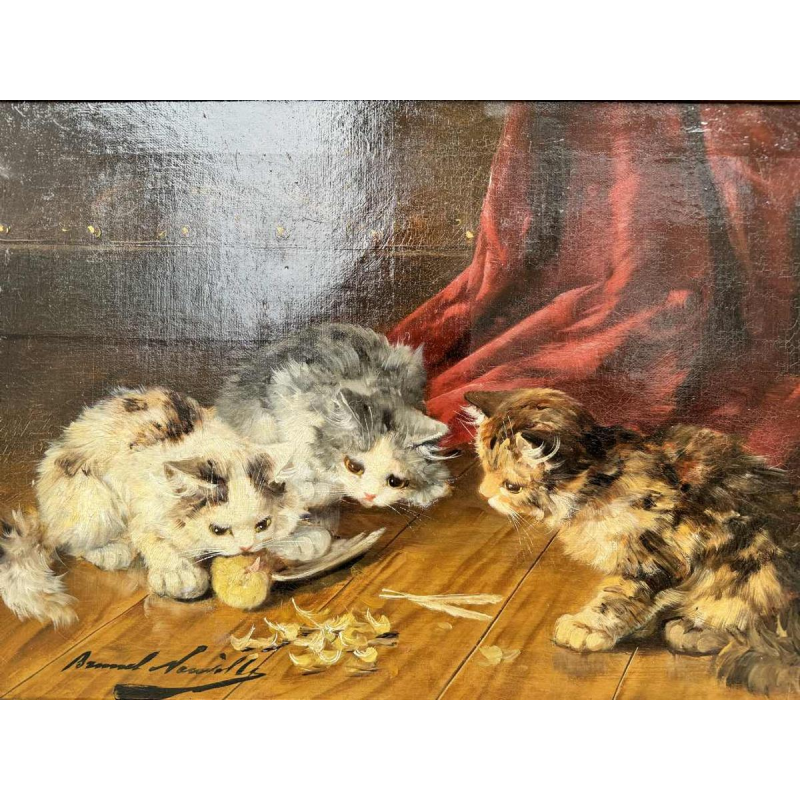 Alfred Arthur Brunel de NEUVILLE « 3 chatons et un oisillon » peinture huile sur toile