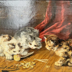 Alfred Arthur Brunel de NEUVILLE "3 katjes en een kuiken" schilderij olieverf op doek
