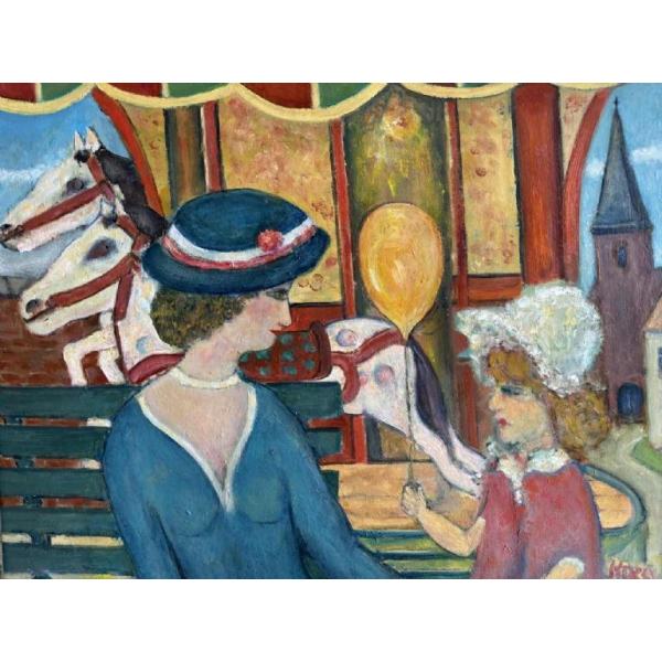 Marcel HOCQ :(1933-20121): The little girl with the ball and the merry-go-round.