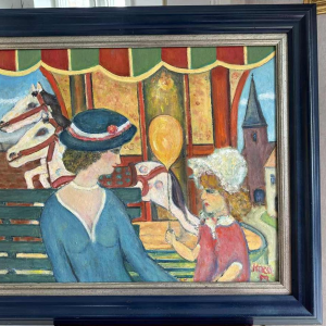 Marcel HOCQ :(1933-20121): The little girl with the ball and the merry-go-round.