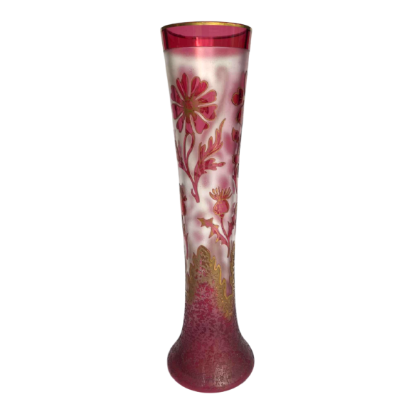 Art Nouveau vase 'flowers and thistles' acid-etched red lined glass, France ca 1900