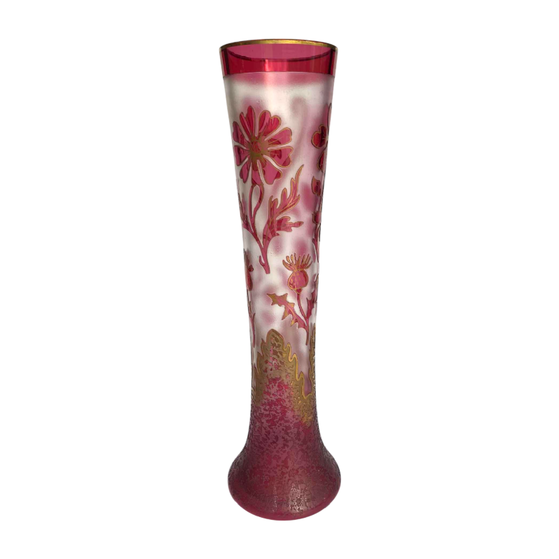 Vase Art Nouveau - fleurs et chardons - verre doublé rouge dégagé à l'acide, France ca 1900