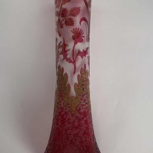 Art Nouveau vase 'flowers and thistles' acid-etched red lined glass, France ca 1900