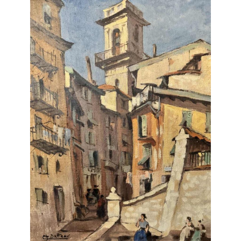 Charles CATTEAU (1880-1966): « Vieux Nice animé- Tour Saint Augustin »