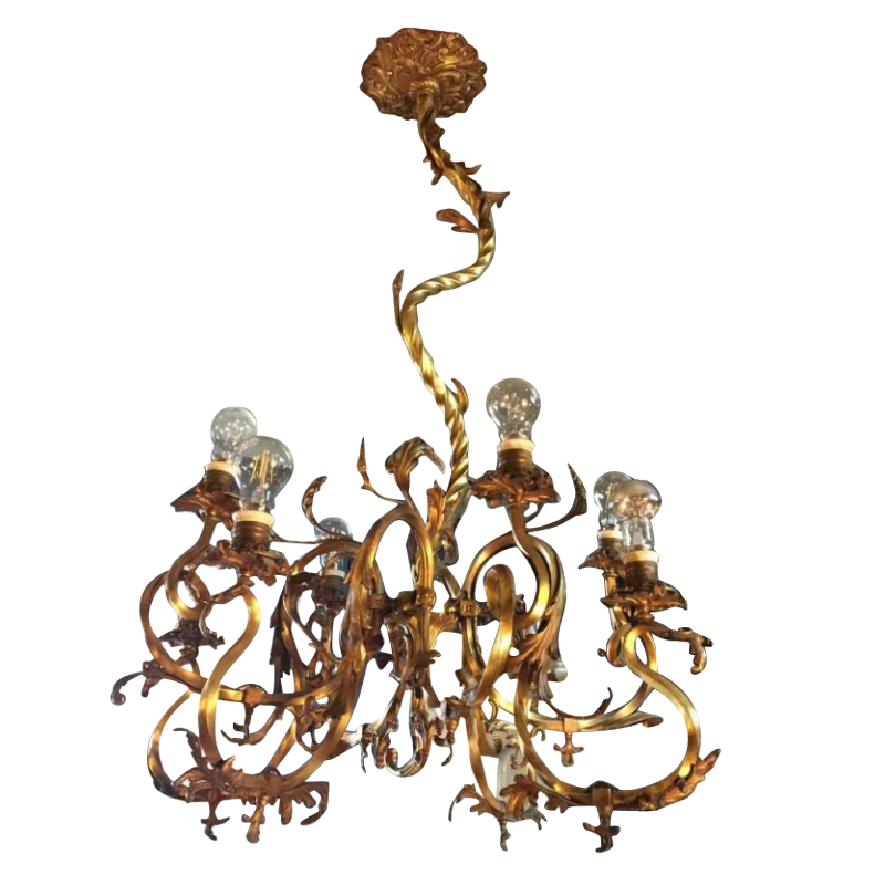 Lustre Napoléon III en bronze, style Louis XV torsade rocaille baroque, 1890.