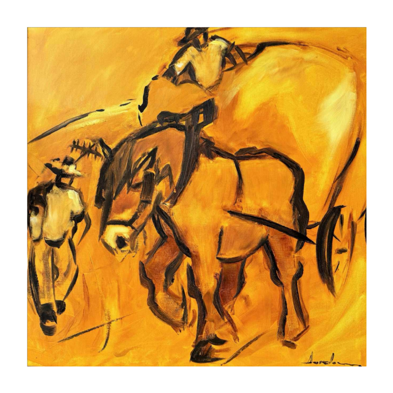 Milo DARDENNE «Les hommes et lattelage après la fenaison» peinture huile sur toile