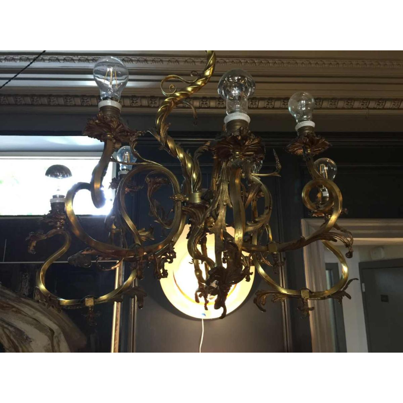 Napoleon III bronzen kroonluchter, Louis XV-stijl barokke rococo twist, 1890.