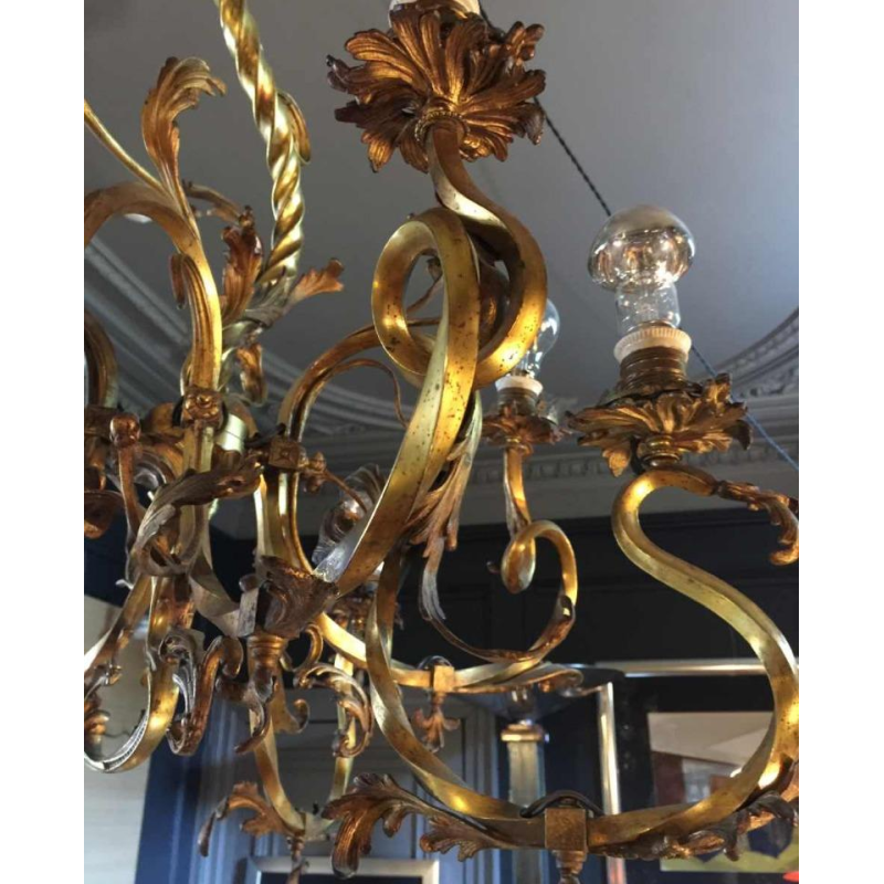 Napoleon III bronzen kroonluchter, Louis XV-stijl barokke rococo twist, 1890.