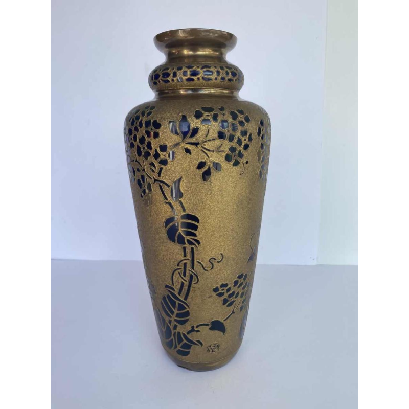 Val-Saint-Lambert, Art Nouveau gegalvaniseerde vaas, kobaltblauw kristal, ca 1923