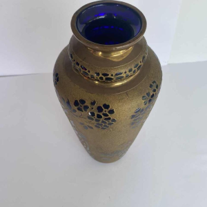 Val-Saint-Lambert, Art Nouveau gegalvaniseerde vaas, kobaltblauw kristal, ca 1923